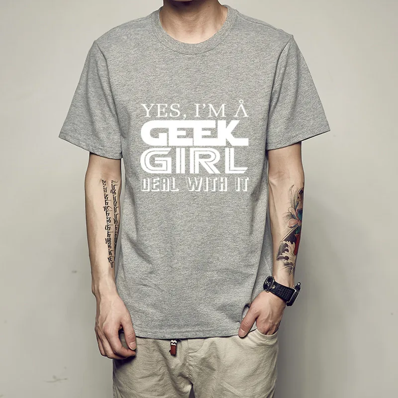 Мужские футболки из хлопка с коротким рукавом и круглым вырезом Yes I Am A Geek Girl Deal with