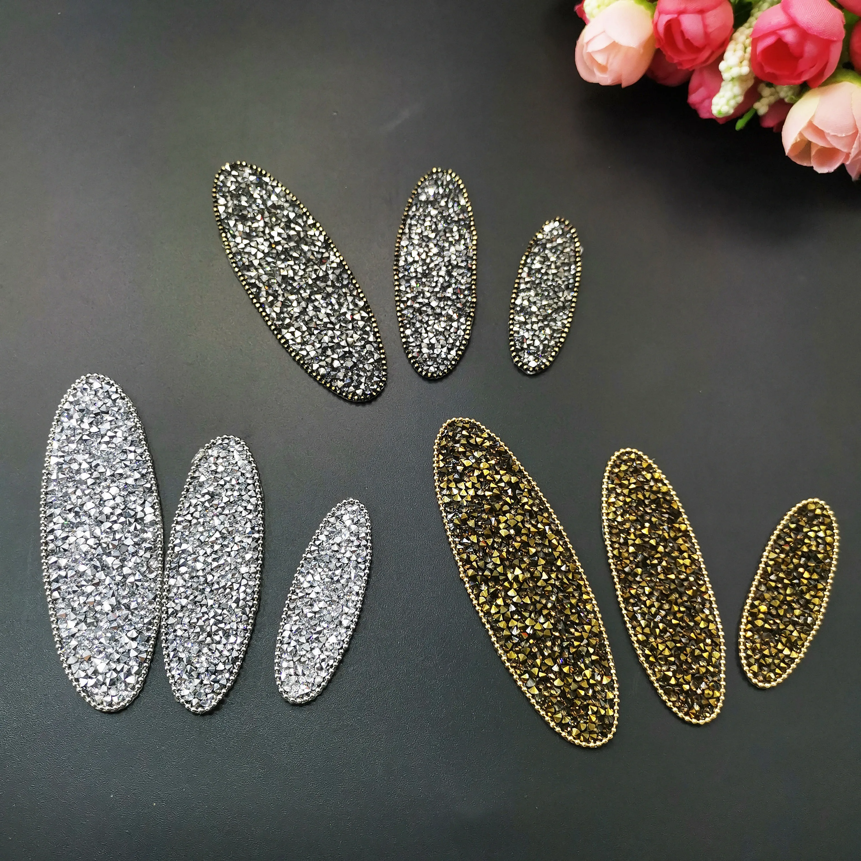 

Oval design hotfix rhinestone motif iron on patches applique for heat transfer clothing shoe bag Hair clip diy
