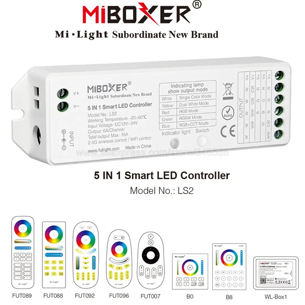 Светодиодный смарт контроллер DC12V 24V 15A Miboxer LS2 5 в 1 для одноцветного CCT RGB RGBW +