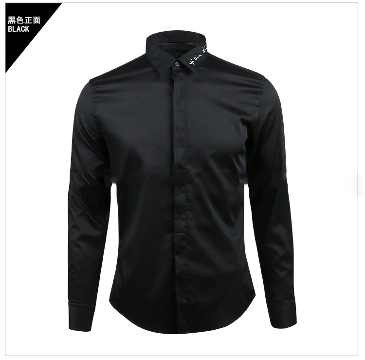 Men's long-sleeved shirt collar English embroidery big signature black and white small size shirt Shirts kimono cardigan