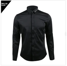 

Men's long-sleeved shirt collar English embroidery big signature black and white small size shirt Shirts kimono cardigan