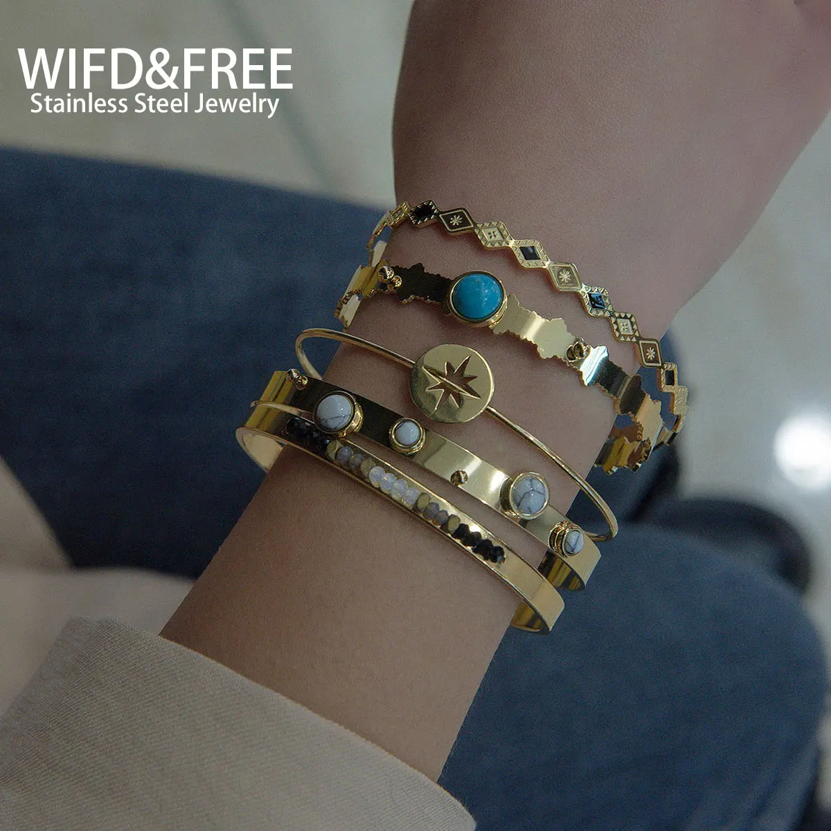 Joyería de combinación de acero inoxidable para mujer, pulsera de cuentas de bisutería, combinación de brazalete chapado en oro, regalo a amigos, 2021