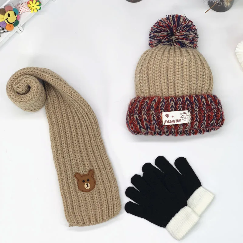 3PCS for one set 3 Модные милые разноцветные шапки для мальчиков и девочек, перчатки, шарфы, флисовые Зимние теплые детские наушники, шапочки для малышей - Цвет: 3PCS for one set 3