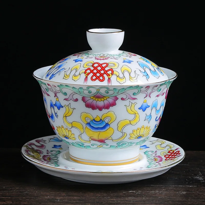 Цветная эмалированная китайская чайная посуда Gaiwan Sancai, чайная чаша, набор чайных чашек и блюдца, 150 мл, чайная чашка, чайник