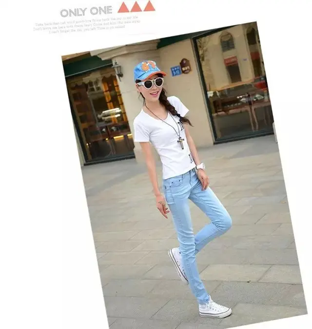 Spring And Summer Light Color New Style Versitile Fashion Korean-style Trend WOMEN'S Stretch Jeans Slim Fit High-waisted WO