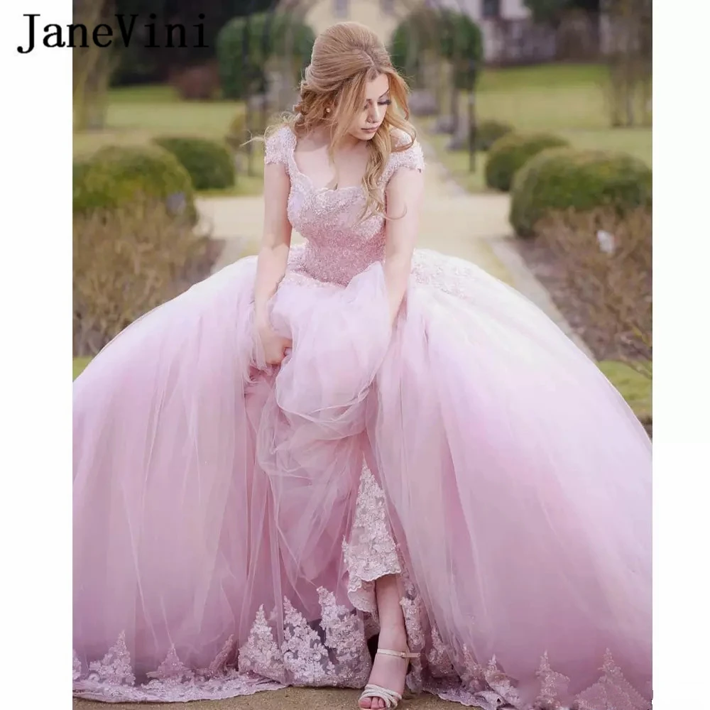 Элегантное бальное платье JaneVini розовое длинное в стиле Quinceanera пышное Тюлевое