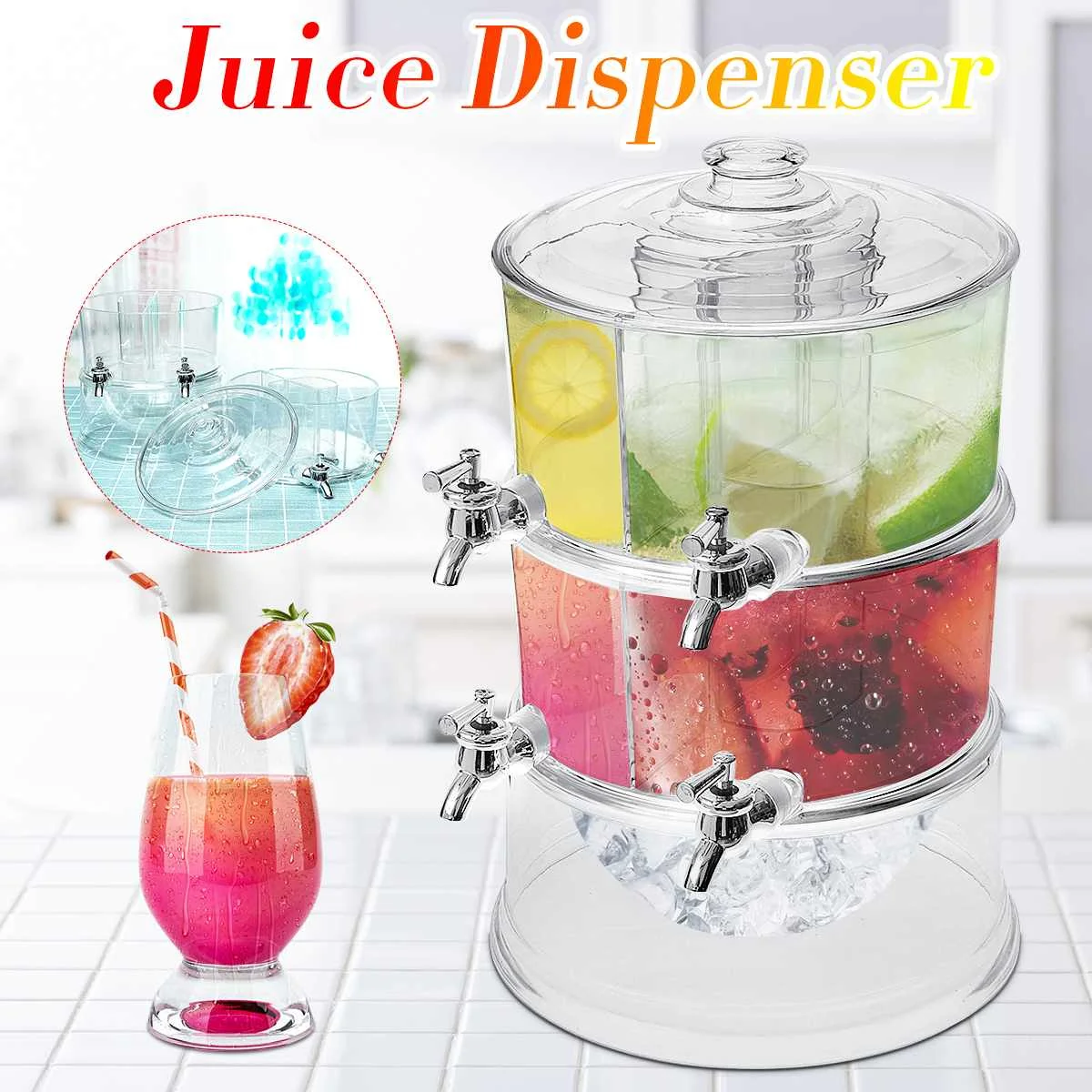 

Kitchen Bar Tools 2 Layers Juice Cold Drink Dispenser Wine Beer Pourer Party Lemonade Beverage Tank Container With 4 Taps 3.5L