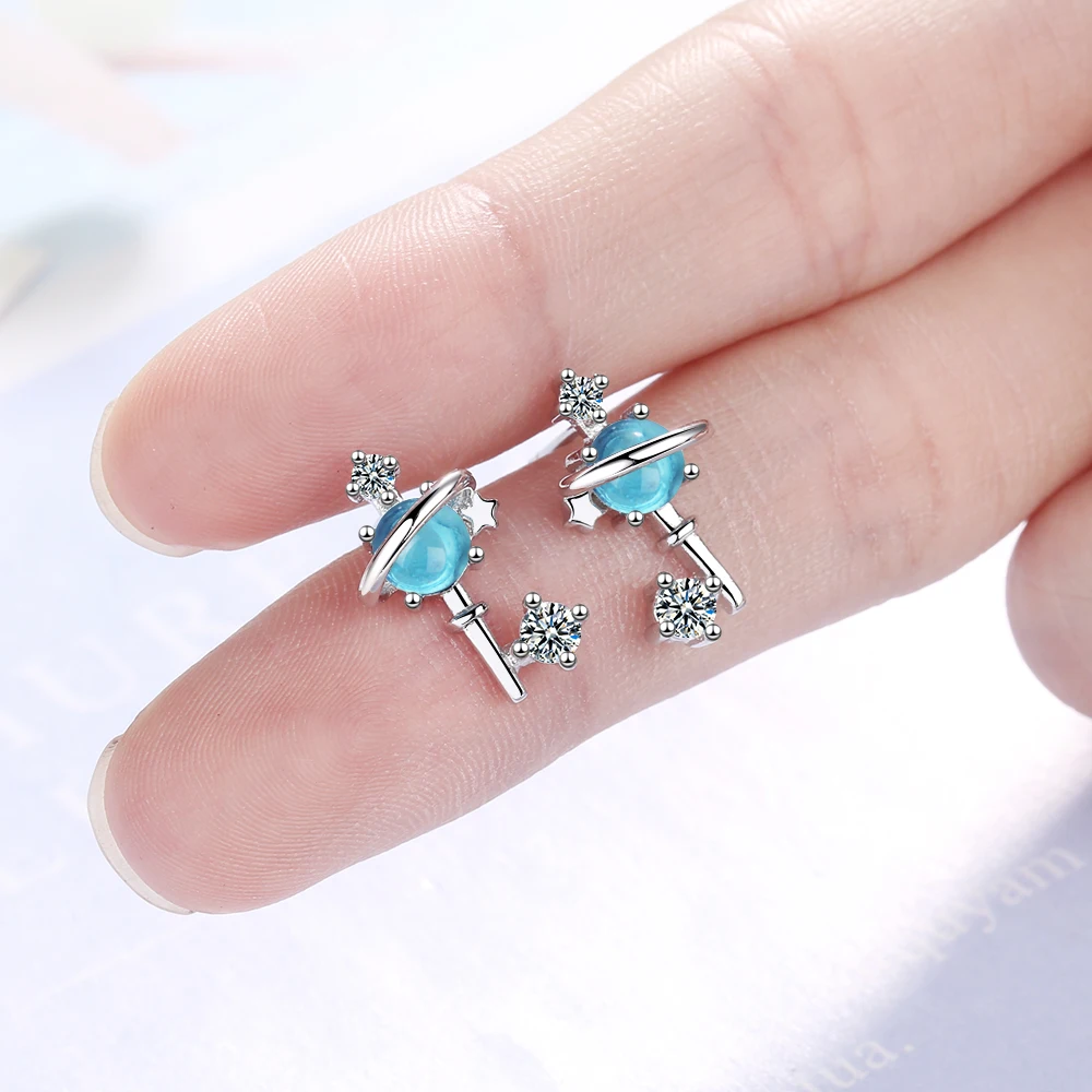Blue Space Universe Star Moon Earrings - Image 2