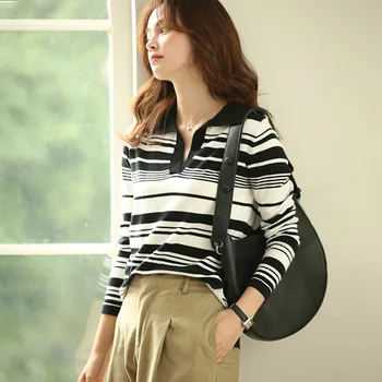 

2020 Korean Japan Style Women Sweaters Pullovers Striped Turn Down Collar Jumper Jersey Casual Fashion Streetwear Neat Knit Top