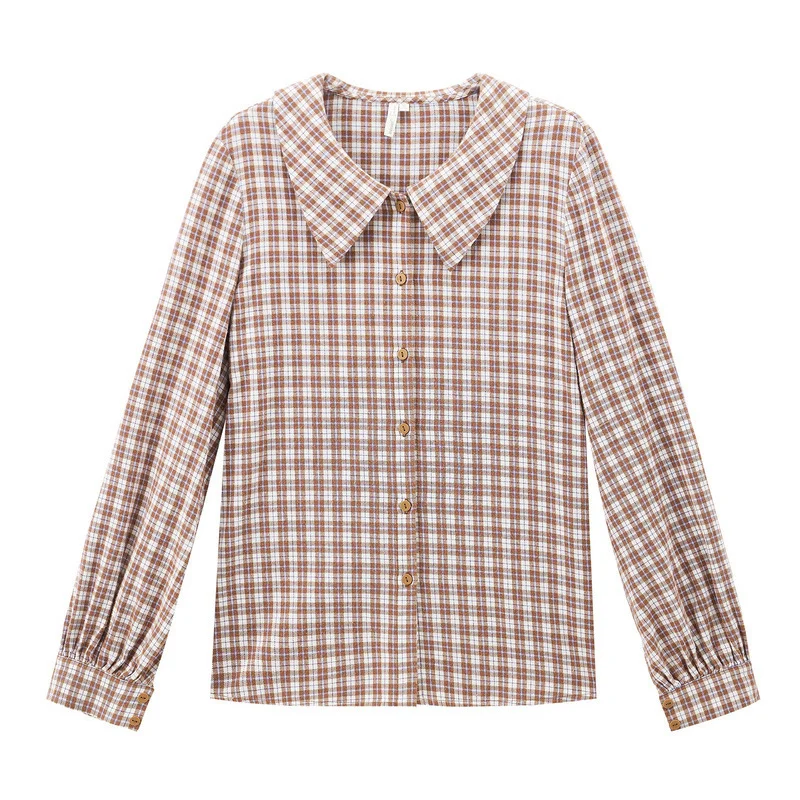 INMAN Winter New Arrival Literary Retro 100%Cotton Doll Collar Plaid Loose Long Sleeve Women Blouse