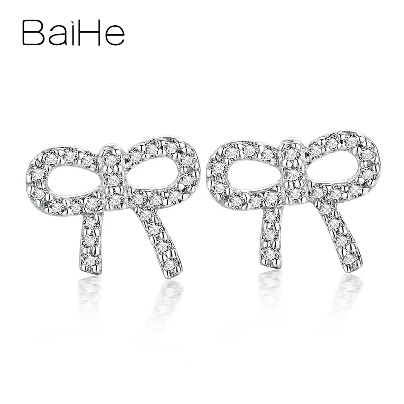 

BAIHE Genuine Solid 14K White Gold H/SI Natural Diamonds Earrings Wedding Gift Trendy Fine Jewelry Bowknot Stud Earrings Women