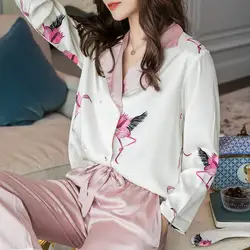 Шелковые пижамы для женщин, атласные женские пижамы, наборы с длинными рукавами, воротник с воротником фламинго, топ с принтом + брюки