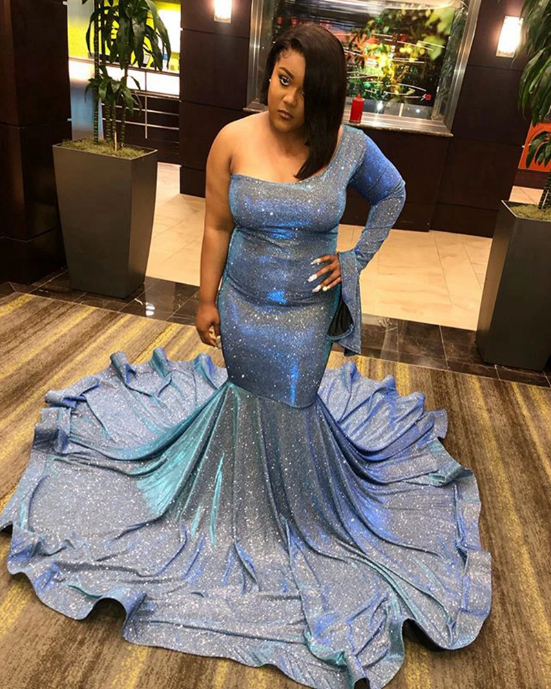 Длинные блестящие размера плюс платья для выпускного вечера Русалка Одиночная с длинным рукавом африканская темнокожая девушка светильник синие женские платья для выпускного вечера