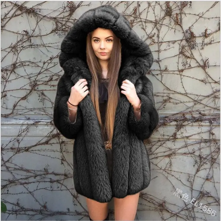 Зимнее женское пушистое пальто с капюшоном, пальто из искусственного меха, женская зимняя серая куртка, пальто для женщин, большие размеры, теплое длинное повседневное пальто - Цвет: black