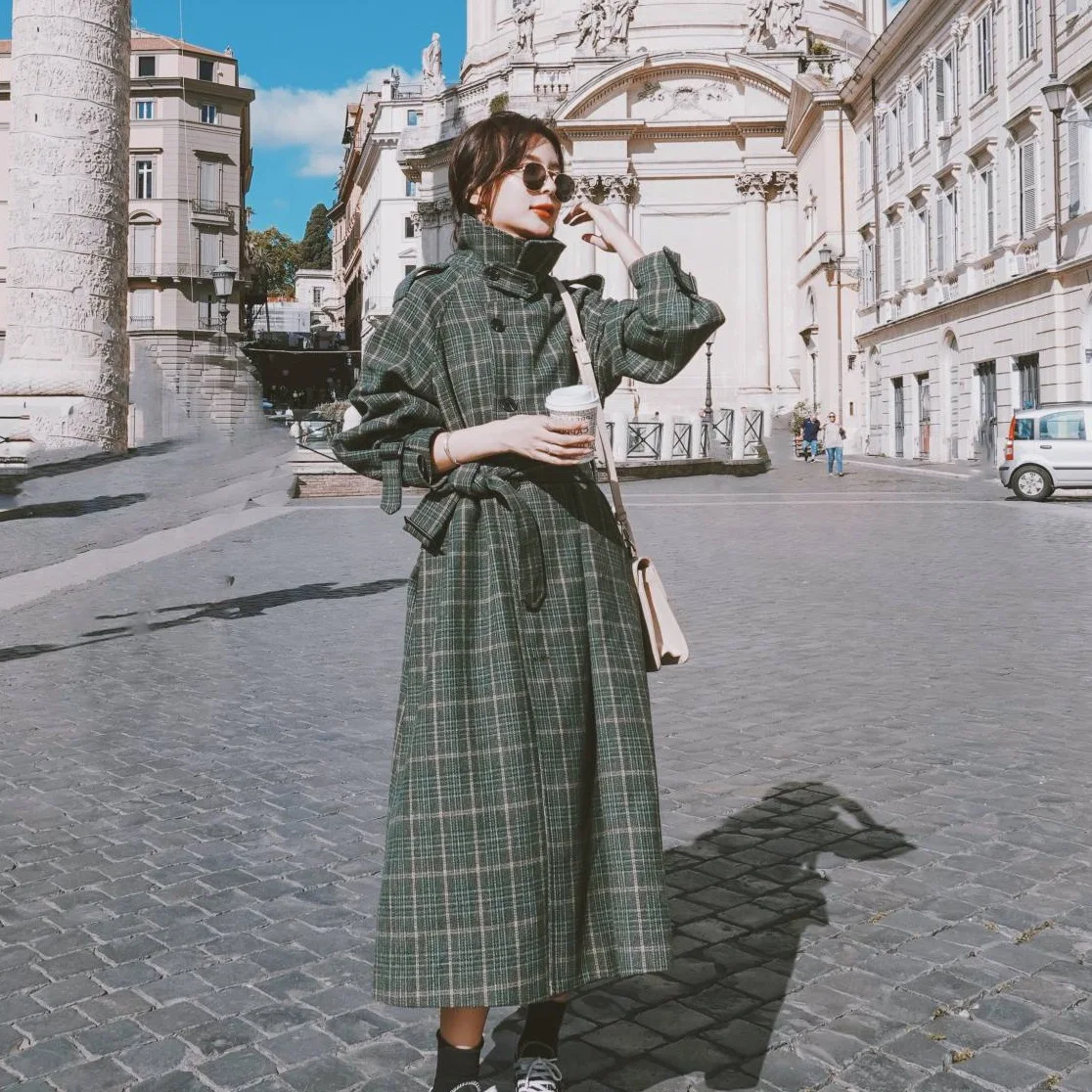 

Photo Shoot Wales Pattern Retro Mid-length Handsome Stand Collar Single Breasted Waist Hugging Lace-up Woolen Cloth Coat Women's