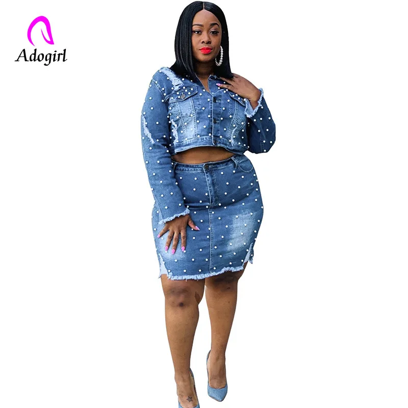 

Plus Size Women Pearls Jeans Two Piece Set Dress Washed Holes Long Sleeve Short Jacket Bodycon Mini Skirt Matching Suit XL-5XL