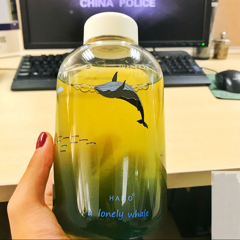 Кит стеклянная бутылка для воды градиентный цвет океан животные бутылки кофе молоко сок походная фляжка Спортивная бутылка Тур посуда для напитков