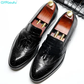 

QYFCIOUFU Black Genuine Calf Leather tassel brogue shoes men Handmade Wedding Office Dress Shoes Luxury Brand formal shoes men