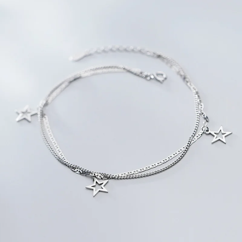 Authentic REAL. 925 Sterling Silver Fine Jewelry 2Rows layers Open Star Anklet Bracelet GTLS919
