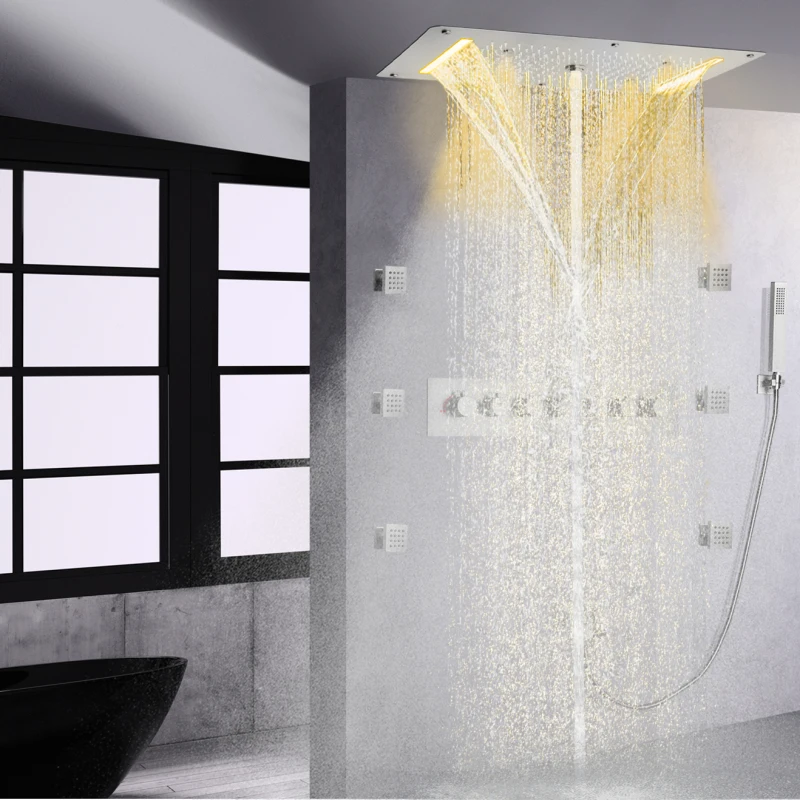 

Brushed Nickel Shower Head Set 70X38 CM LED Bathroom Thermostatic Rainfall Waterfall Atomizing Bubble Shower With Handheld