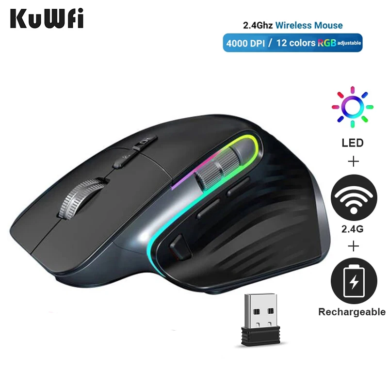 KuWFi 2.4G мышь беспроводная Rechargable Optical игровая Support 5 Gears 4000 DPI Switch Ergonomic Mute мышка для
