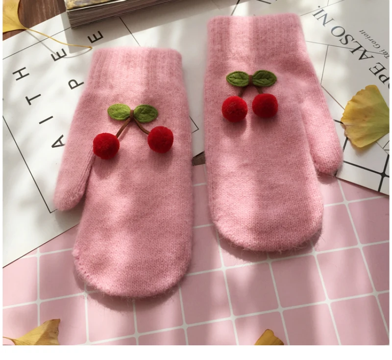 Women Winter Cute Lovely Keep Warm Mittens Full Finger Knitting Gloves Cherry Plus Velvet Inside Thicken Windproof Soft Female