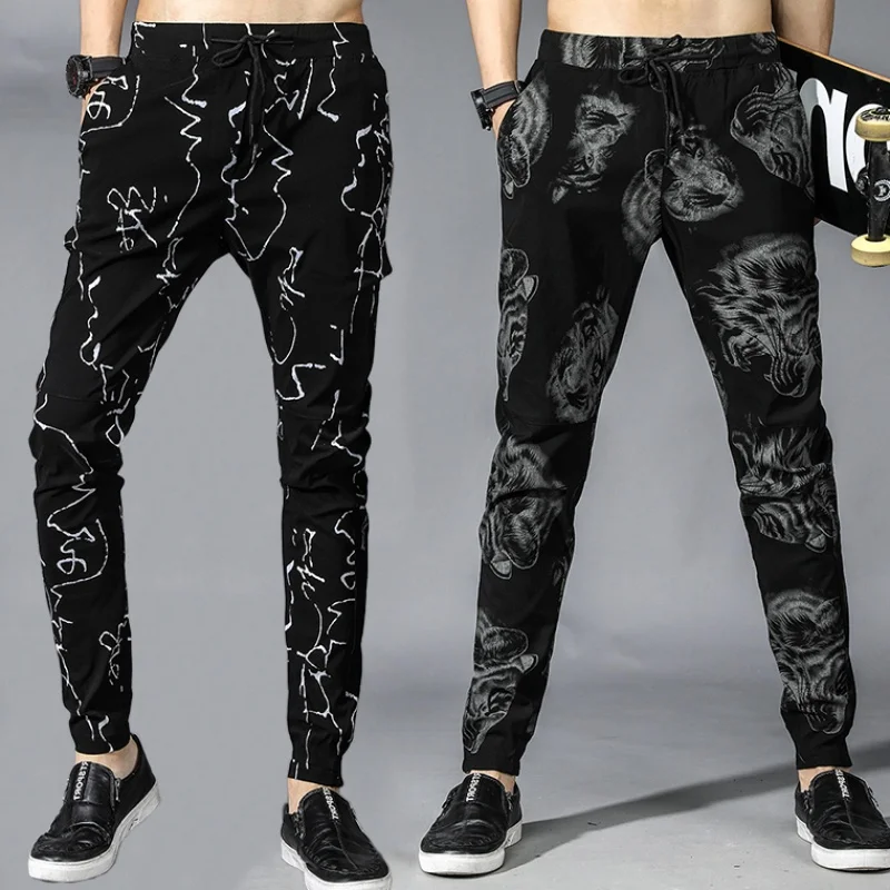 M-4XL мужские брюки эластичный шнурок на талии цветочные хип хоп повседневные Черные Брюки C75