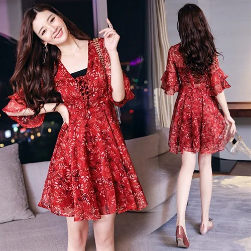 

Chiffon Dress Women's 2019 New Style Summer 155 Short-height Immortal Floral-Print Beach Skirt Sanya Seaside Holiday