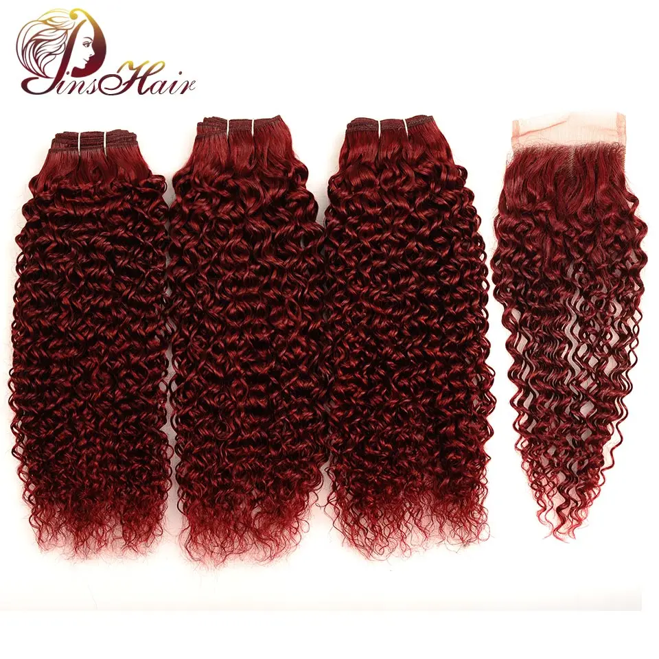 Kinky Curly 3 пряди с закрытием 99J предварительно окрашенные бразильские человеческие волосы пряди с закрытием Pinshair Non-remy с детскими волосами - Цвет: # 99J