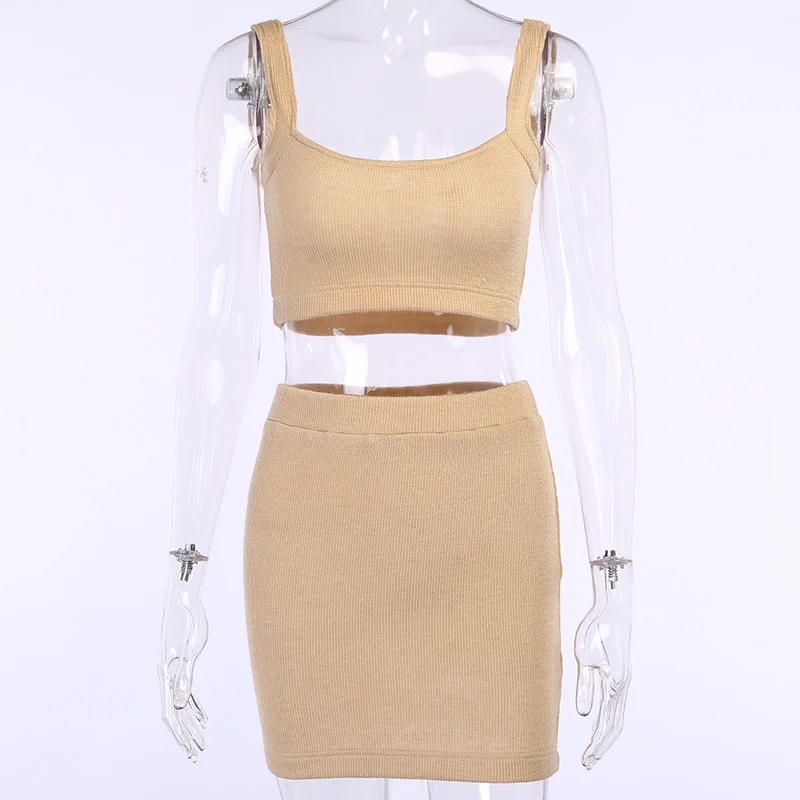 Beyouare women rib knit solid two-piece set summer square collar sleeveless crop top and pencil skirts casual elegant women sets