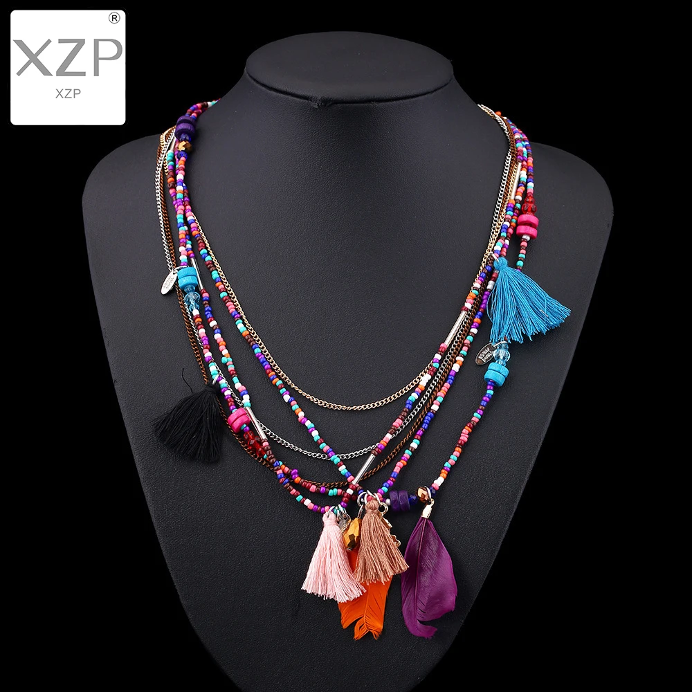 

XZP Bohemian Multi Color Feather Necklaces Beads Tassel Maxi Long Ethnic Chain Jewelry Statement Necklace For Women Collare
