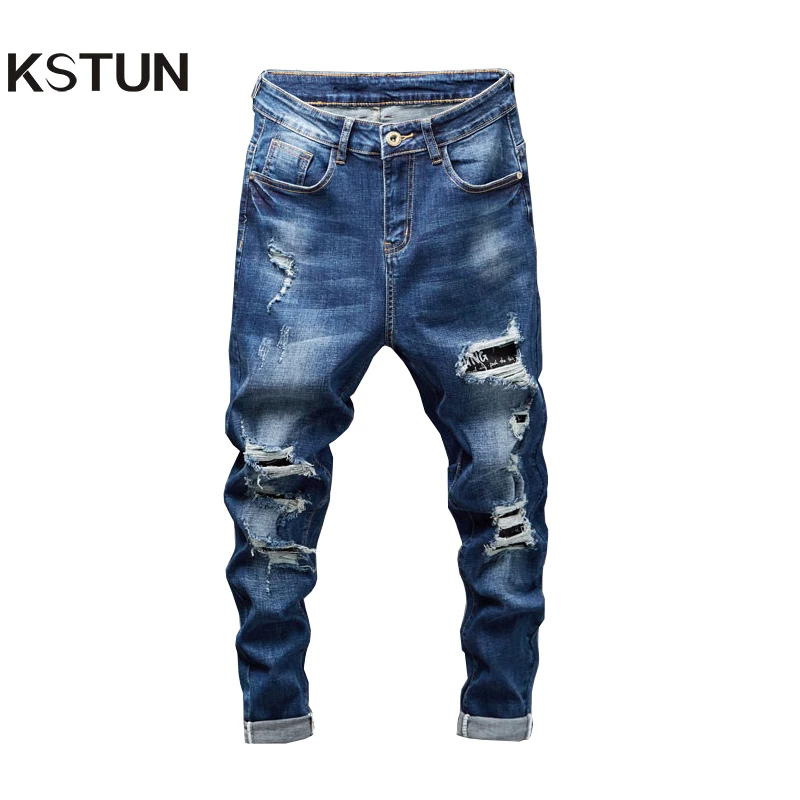 Ripped Jeans Men Slim Fit Dark Blue 