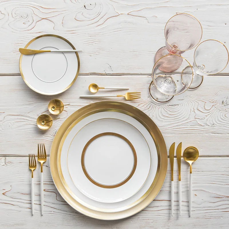 Ceramic Plate Dinner Tray Vajillas Circular White Gold Rim Plate Restaurant Dinnerware Dish Tableware Steak Flat Dish 1pcs