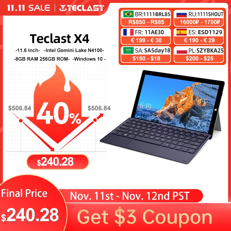 Teclast X4 11.6 2 in 1 Tablet 1920x1080 Windows 10 OS 8GB RAM 256GB SSD Tablets PC Intel Gemini Lake N4100 Laptop Dual Camera