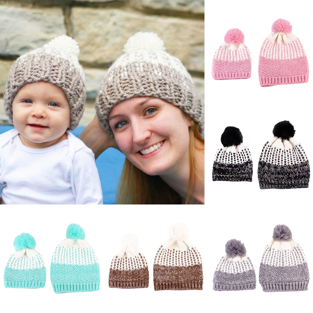 Winter Stylish Warm Novelty Mom+Baby Knitted Pom Bobble Hat Cap
