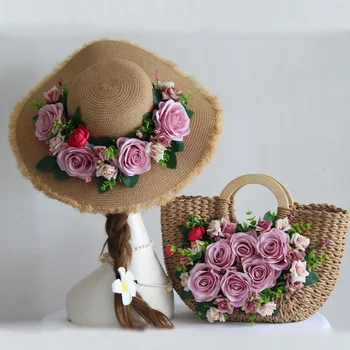 

Original Design Women Fashion Rose Flower Straw Beach Bag Casual Summer Vacation Tote Handbag Hat Suit Bohemia Style Photograph