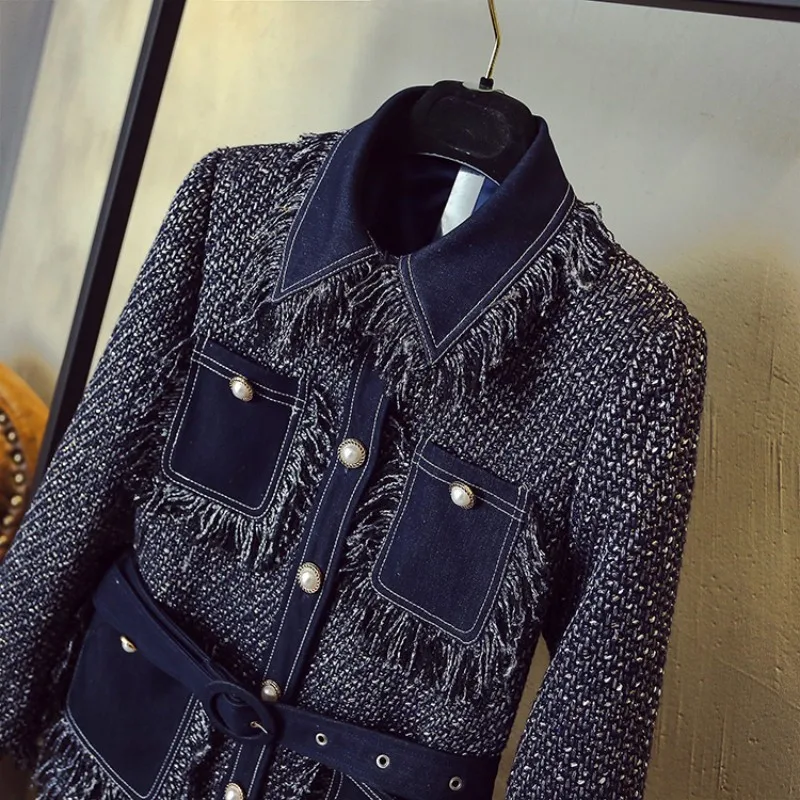 

Qualities Womens Turn Down Collar Autumn Denim Patchwork Tweed Jackets Pockets Tassel Single Breasted Sashes Office Ladies Wear