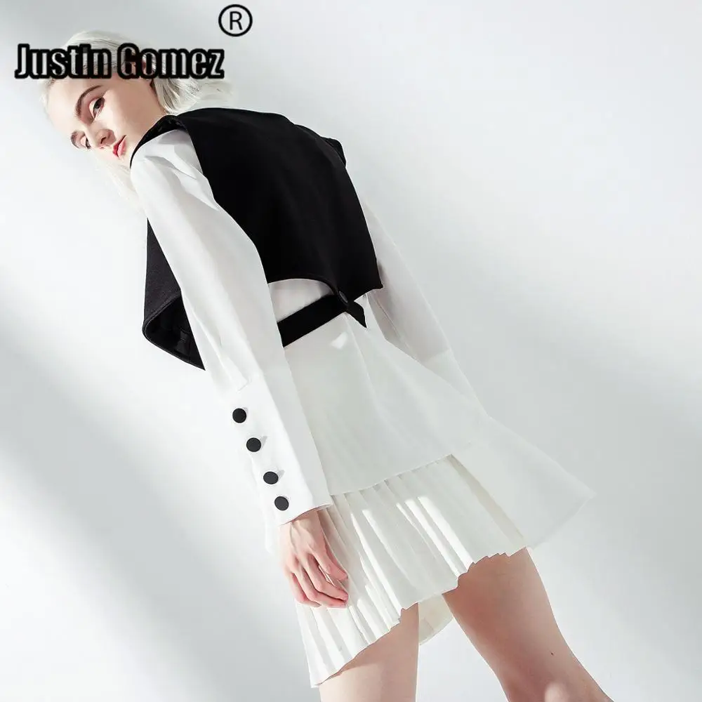 

Trendy Patchwork Lantern Sleeve Blouse+ Black Vest Two Piece Set Office Formal Blusas Mujer de Moda 2019 Women Two Piece Outfits