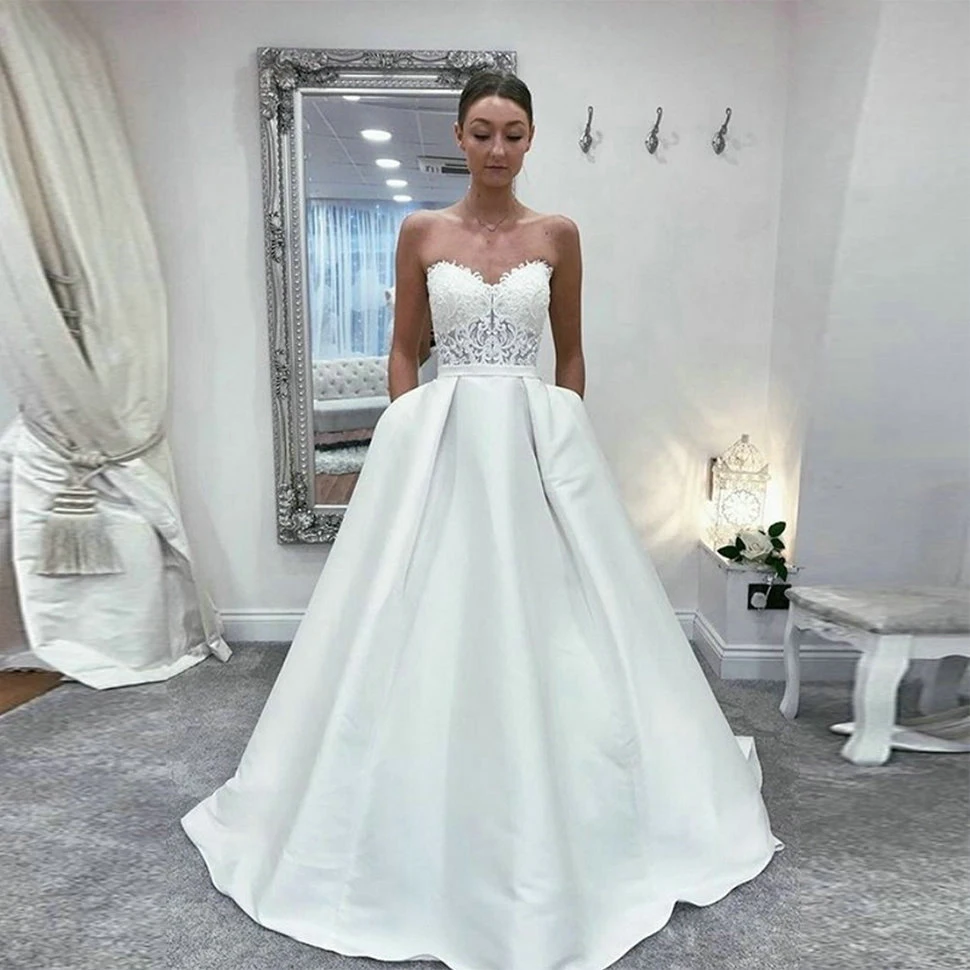 ^Cheap Eenvoudige A-lijn Trouwjurk Lange Sweetheart Geappliqueerde Lace Bridal Dress White Satin Bruidsjurken ^Cheap Eenvoudige A-lijn Trouwjurk Lange Sweetheart Geappliqueerde Lace Bridal Dress White Satin Bruidsjurken
