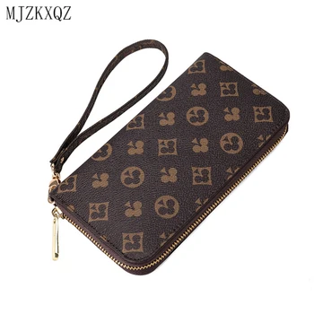 

MJZKXQZ Brand Leather Wallets Women Long Zipper Coin Purses Poker Flower Design Clutch Wallet Male Money Credit Card Holder