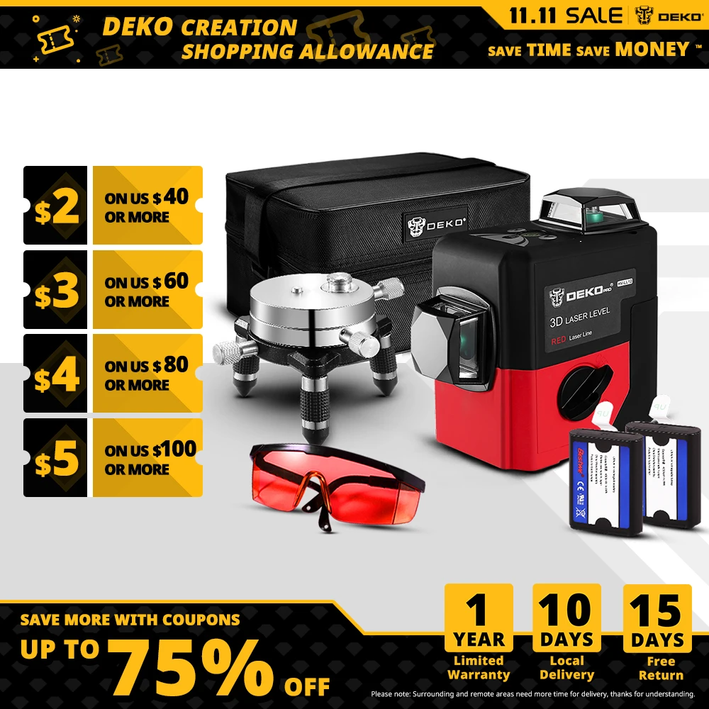 PROD 4000810920225 DEKO LL12HVR/G 12Lines 3D Laser Level Self-Leveling
360 degre Horizontal & Vertical Cross Powerful Outdoor