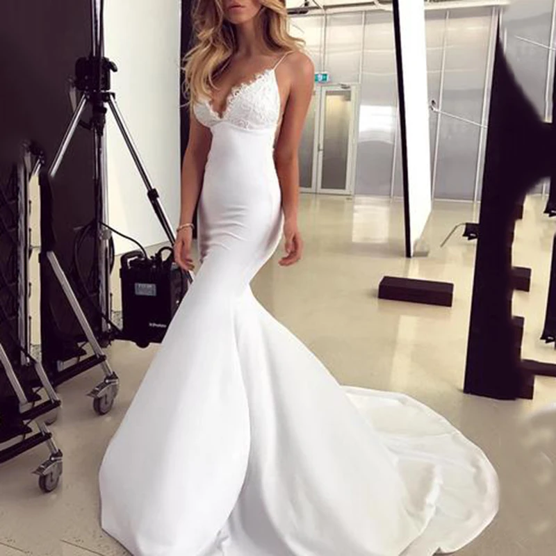 Элегантное атласное свадебное платье русалки с v-образным вырезом Vestido De Noiva платье для невесты без спинки белое свадебное платье размера плюс - Цвет: Picture Color