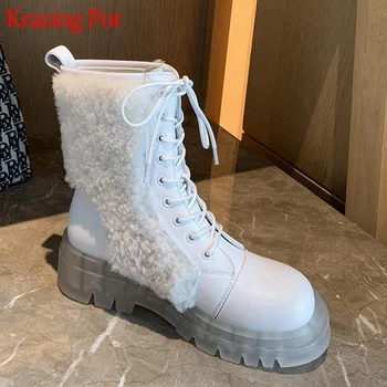 

Krazing Pot 2020 cow leather lambswool jelly bottom snow boots lace up keep warm winter platform European design ankle boots L89