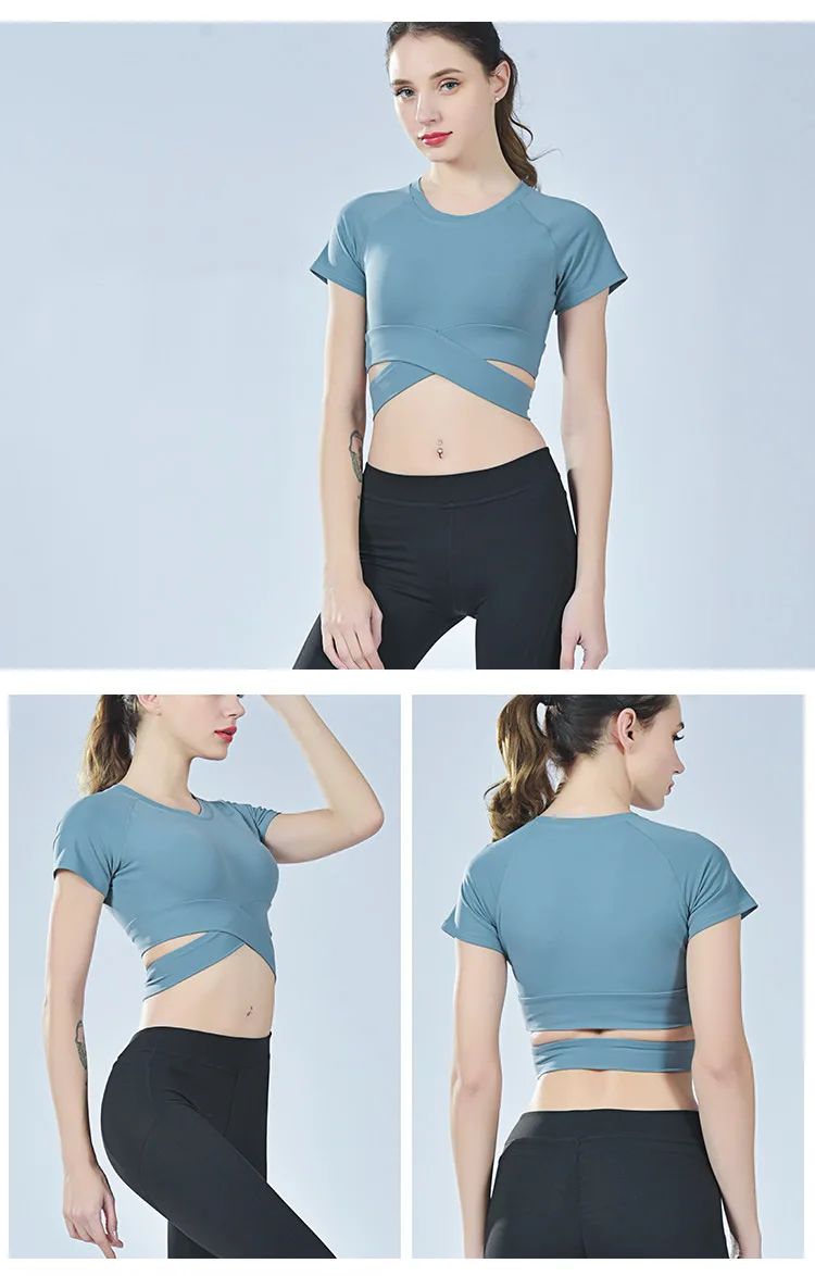 Рубашка для йоги Midriff-baring, женские топы для занятий спортом на открытом воздухе, футболка с короткими рукавами для бега, Женская футболка для занятий фитнесом и тренировкой
