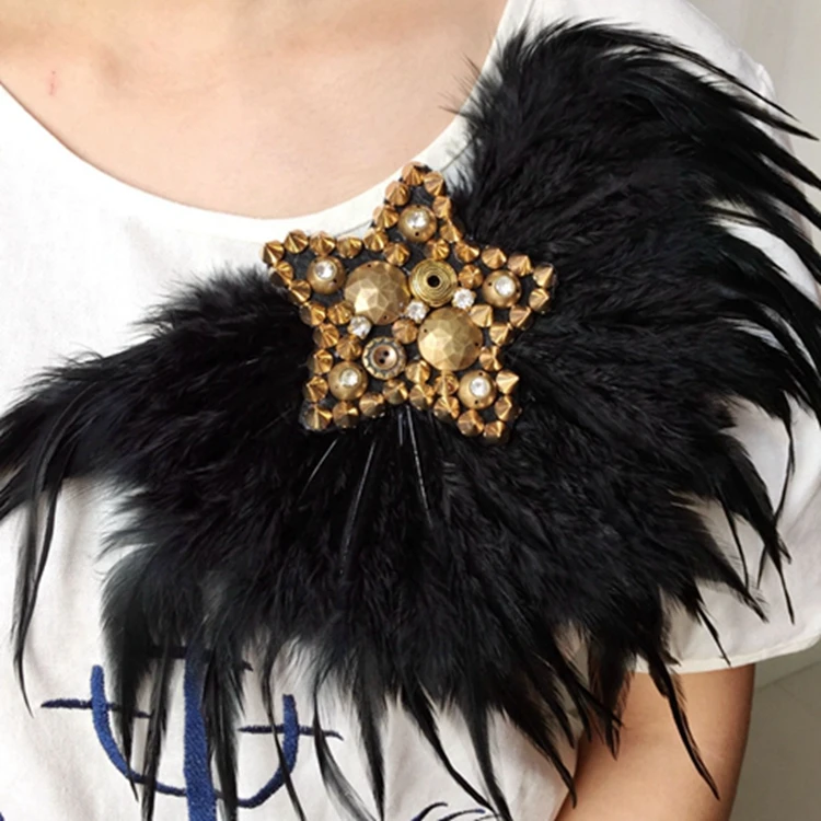 Handmade estrela frisada epaulette pena, broche ombro,