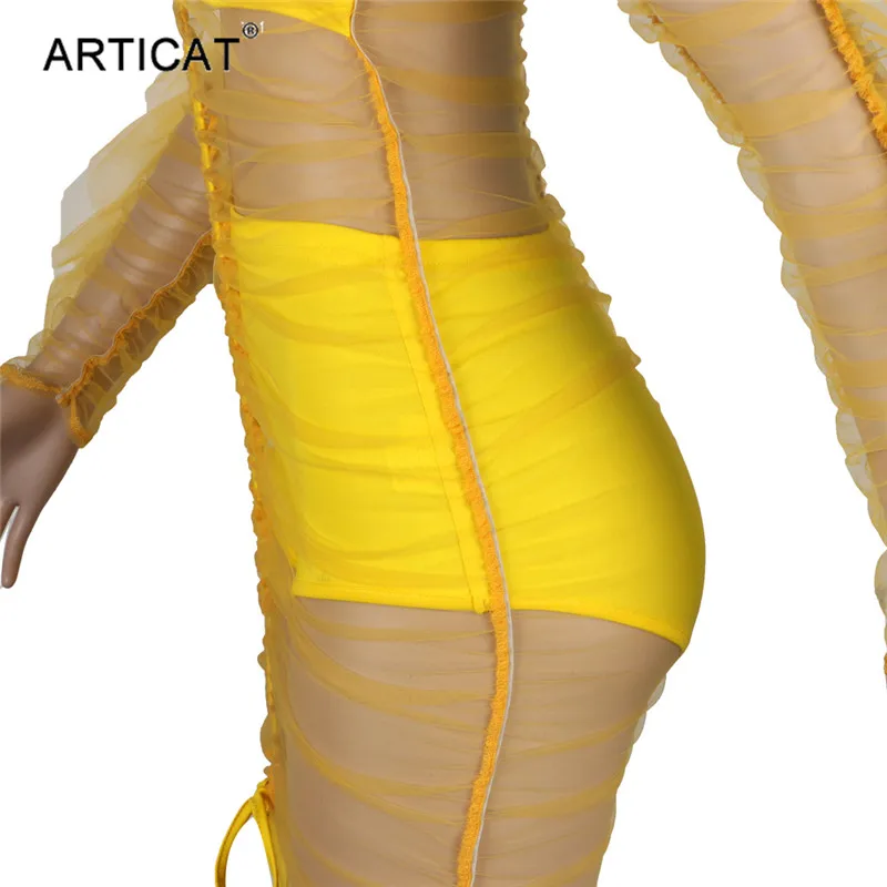 Articat с открытыми плечами сексуальное платье из прозрачной сетки женское Плиссированное облегающее осеннее платье с оборками прозрачные обтягивающие вечерние платья для ночного клуба