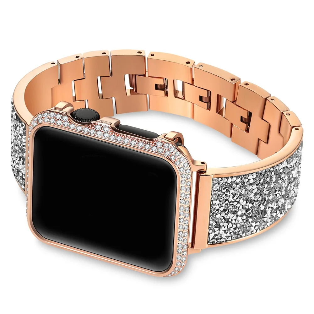 Роскошный Алмазный ремешок для apple watch 38 мм 42 мм 40 мм 44 мм серия 5 4 3 защитный чехол для iwatch браслет из нержавеющей стали - Цвет ремешка: rose-gold