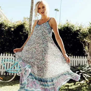 

GypsyLady long boho DRESS WOMEN BLUE FLORAL PRINT 2020 new SUMMER DRESS RAYON V-NECK SLEEVELESS dress for beach new vestidos
