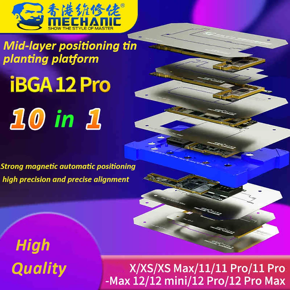 

Mechanic iBGA 10 in 1 BGA Reballing Stencil Platform For iPhone X-12 pro max Motherboard Middle Layer Tin Mesh Template Fixture