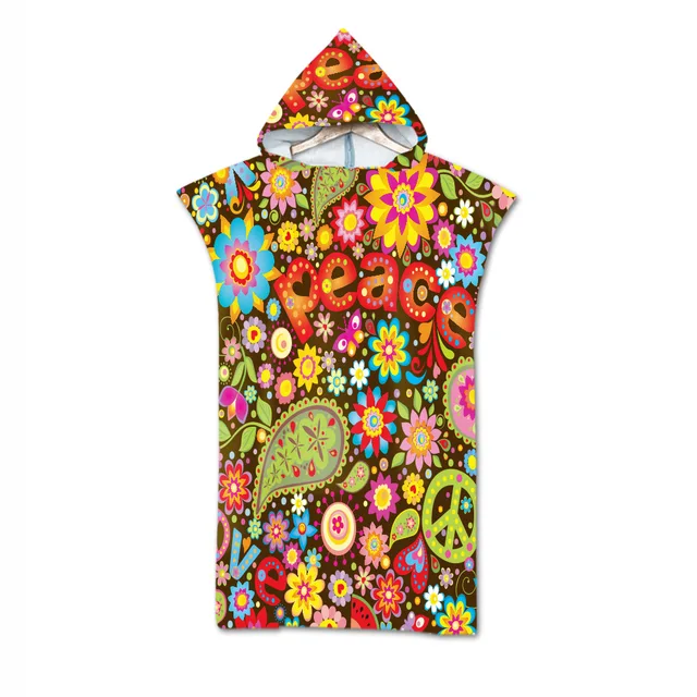 Adult Kids Microfiber Quick Drying Peace and Love Pattern Absorbent Hooded Beach Bath Towel Diving Suit Changing Robes Poncho 14